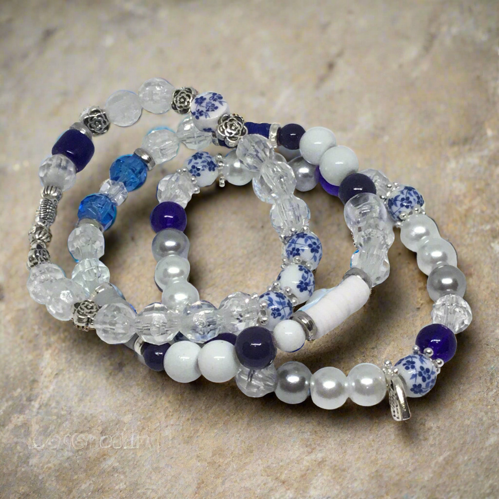 Unique Classic Blue & White Pearl Handmade Mixed Media Bracelet Set Dainty
